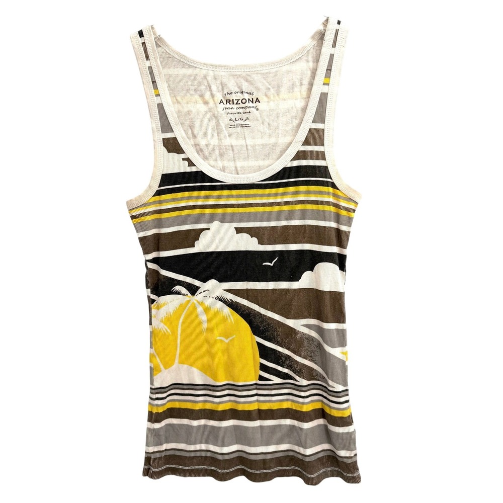 Y2K Arizona Sunset Palm Tree Tank Top Size L Ribbed‎ Striped Brown Yellow